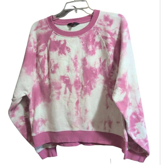 No Boundaries Pullover Fleece Pink/White Long Sleeve Tie Dye Cropped Sweatshirt - Picture 1 of 7
